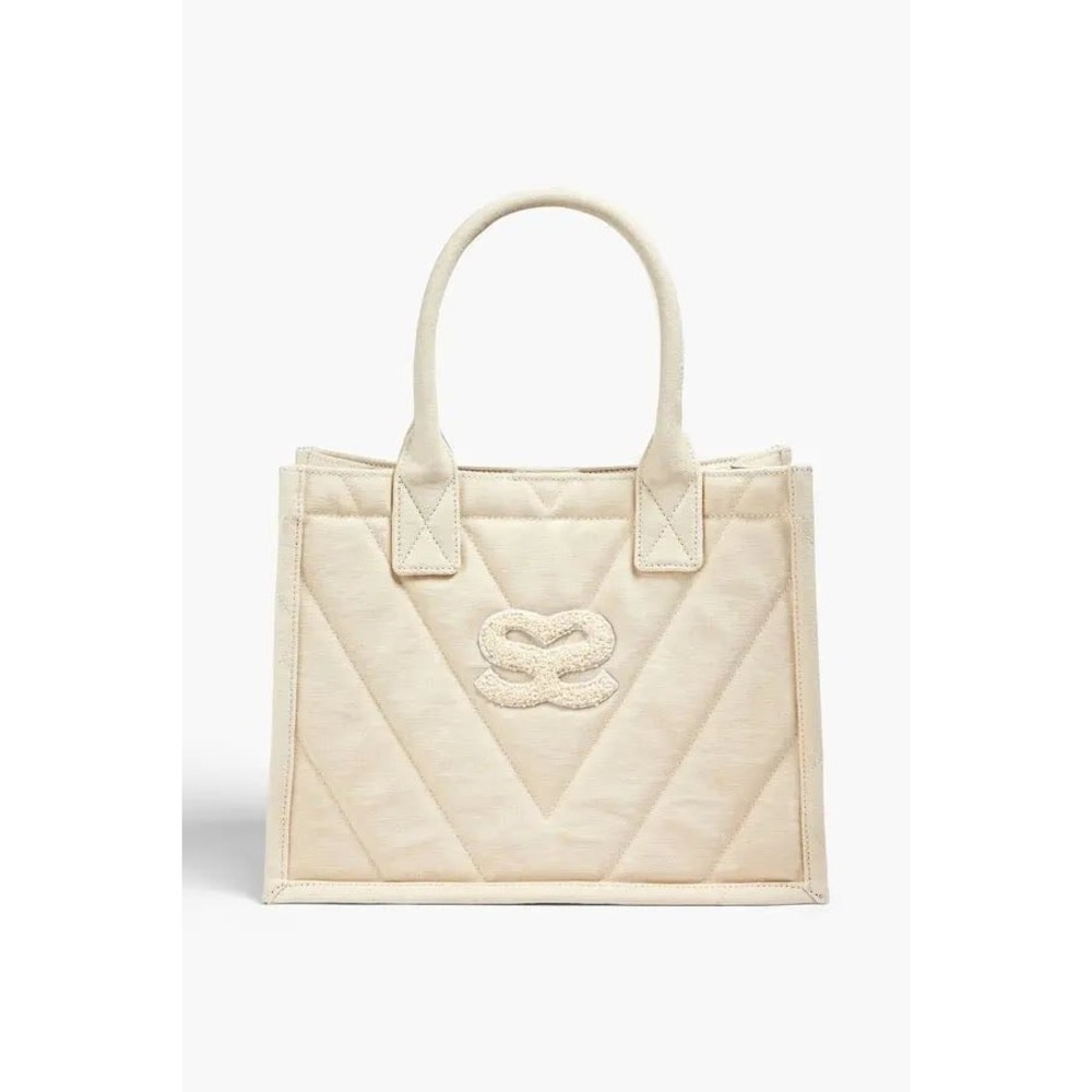 Sandro Quilted Canvas Tote Bag Top Handle Chevron Logo Cream Small NWT